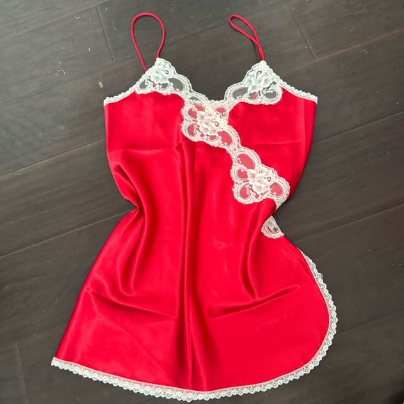 Vintage Red Satin & Lace Slip Dress | 80s 90s Lingerie Nightgown S/M - Picture 2 of 4